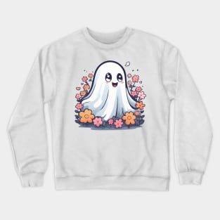 Kawaii Halloween Ghost in Floral Garden Crewneck Sweatshirt